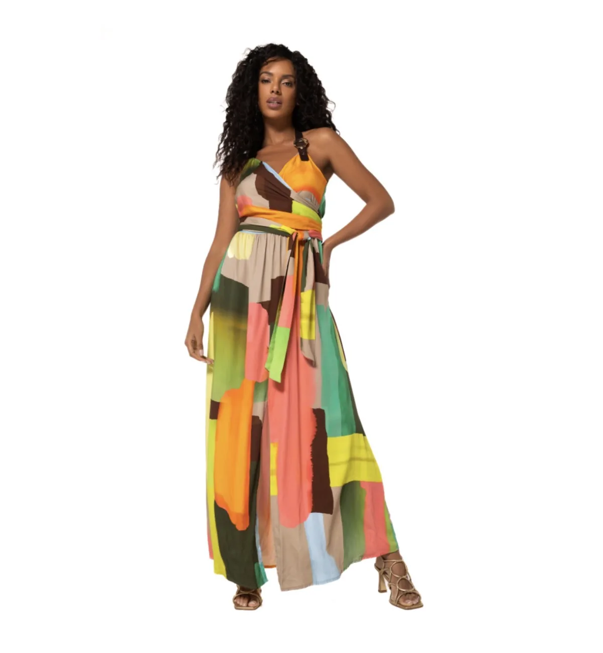 Dames maxi jurk met kleurrijke abstracte print en goudkleurige gesp