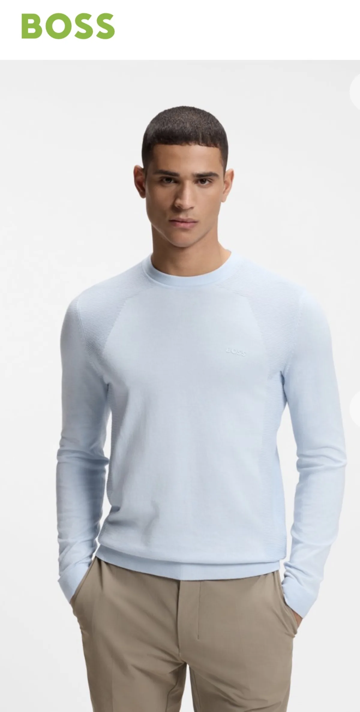 BOSS — heren lichtblauwe ribbed crewneck trui met beige chino