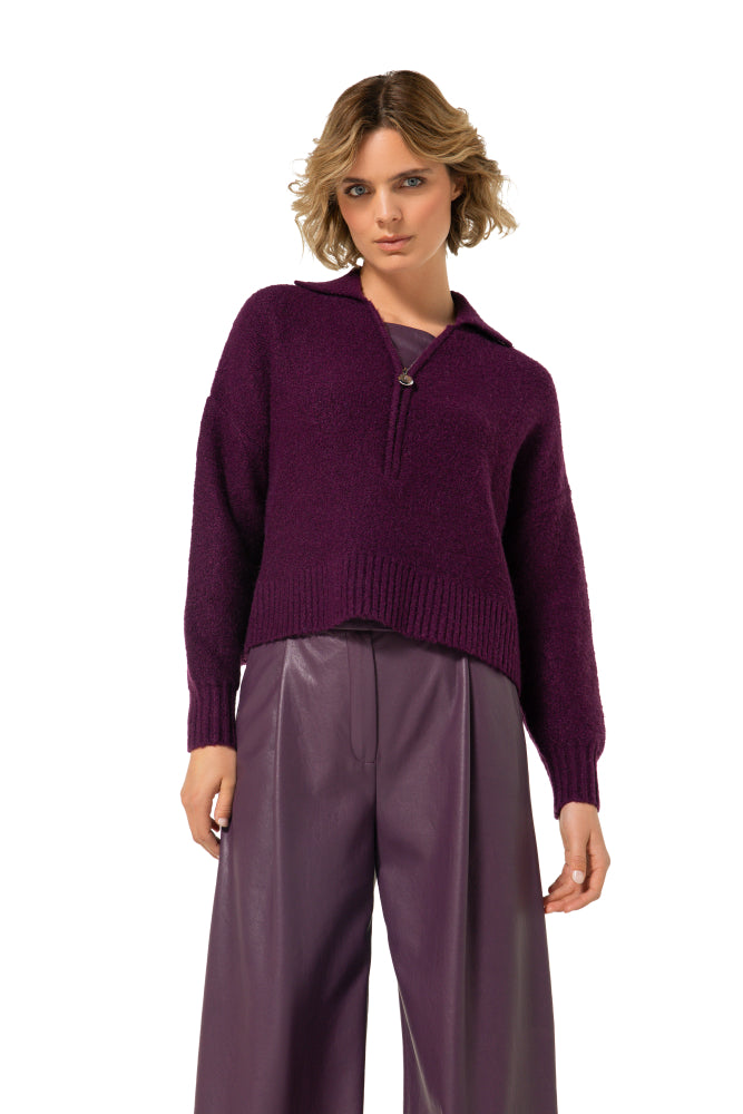 Soepele trui met vegan leather detail - Plum